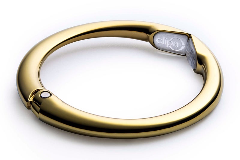 Clipa Bag Hanger - Polished Gold PVD - The Ring That Opens Into a Hook and Hangs in Just 1/2" of Space, Holds 33 lbs., 3 yr. Warranty - Image 2